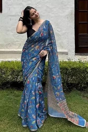 Blue floral linen blend saree with blouse piece