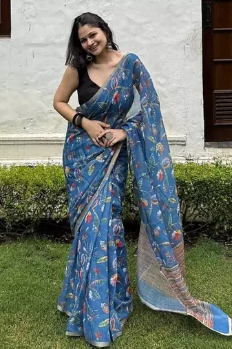 Blue floral linen blend saree with blouse piece