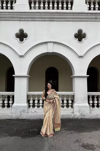 Yellow checked linen blend saree with blouse piece