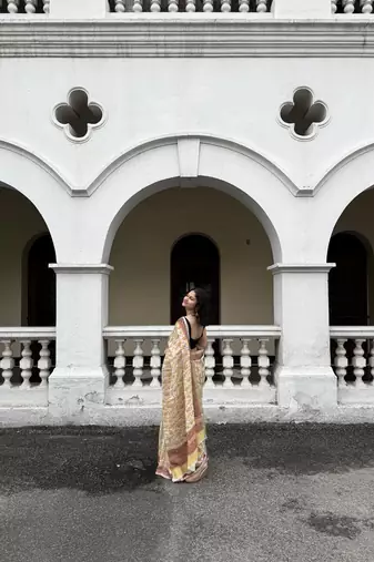 Yellow checked linen blend saree with blouse piece
