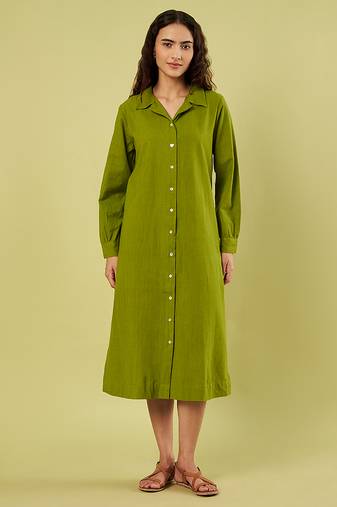 Olive green handwoven khadi cotton long shirt dress