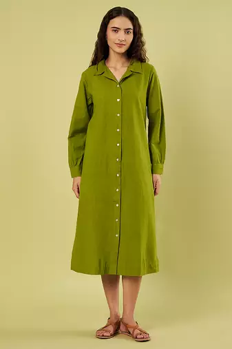 Olive green handwoven khadi cotton long shirt dress