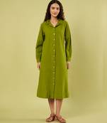 Olive green handwoven khadi cotton long shirt dress