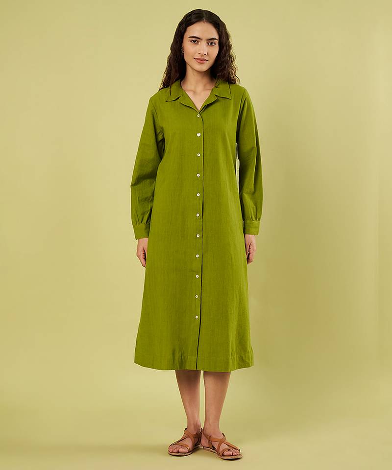Olive green handwoven khadi cotton long shirt dress