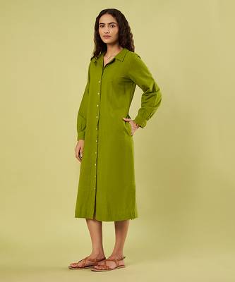 Olive green handwoven khadi cotton long shirt dress 2