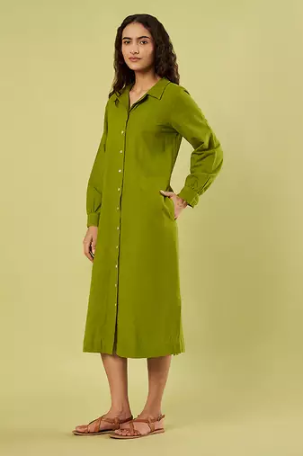 Olive green handwoven khadi cotton long shirt dress
