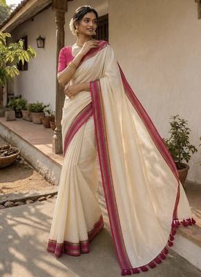 White & pink handloom mul cotton saree 1