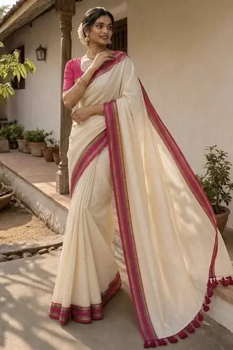 White & pink handloom mul cotton saree