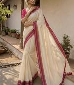 White & pink handloom mul cotton saree