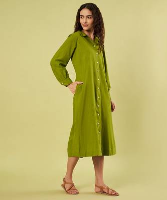Olive green handwoven khadi cotton long shirt dress 3