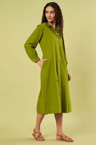 Olive green handwoven khadi cotton long shirt dress