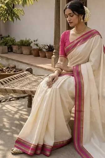 White & pink handloom mul cotton saree