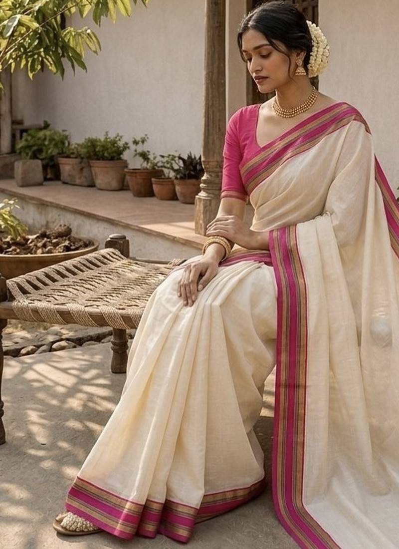 White & pink handloom mul cotton saree