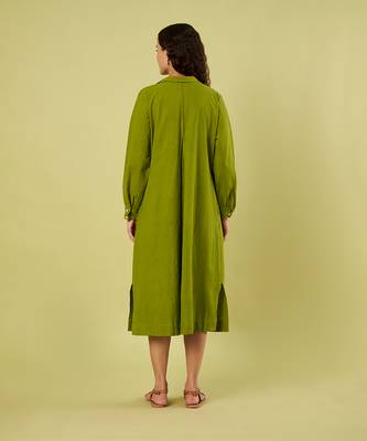 Olive green handwoven khadi cotton long shirt dress 4