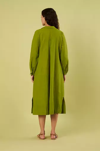 Olive green handwoven khadi cotton long shirt dress