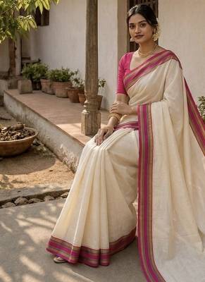 White & pink handloom mul cotton saree 3