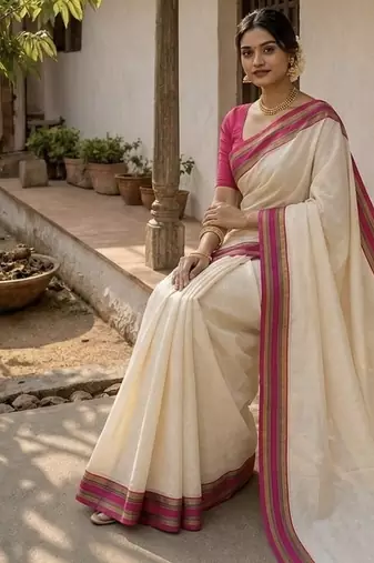 White & pink handloom mul cotton saree