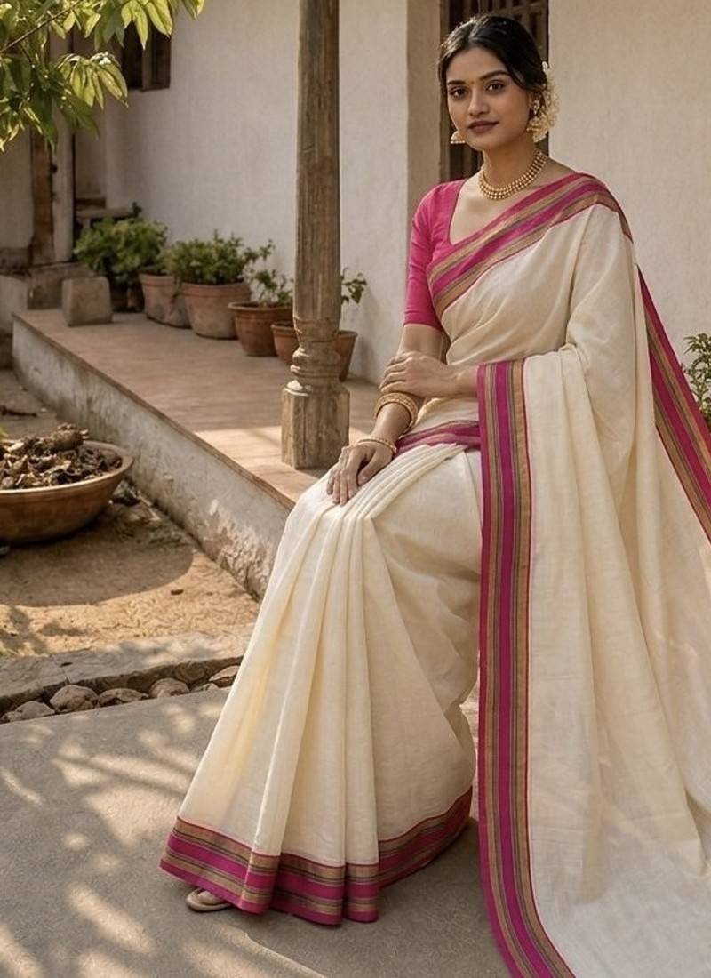 White & pink handloom mul cotton saree
