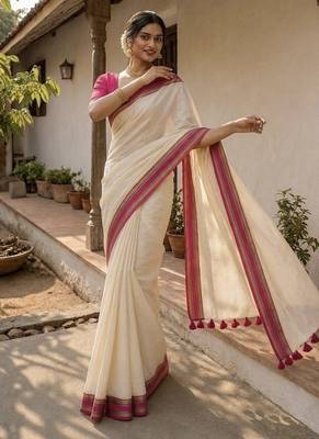 White & pink handloom mul cotton saree 4