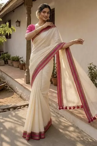 White & pink handloom mul cotton saree