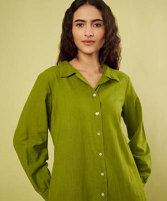 Olive green handwoven khadi cotton long shirt dress 5