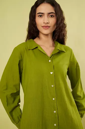 Olive green handwoven khadi cotton long shirt dress