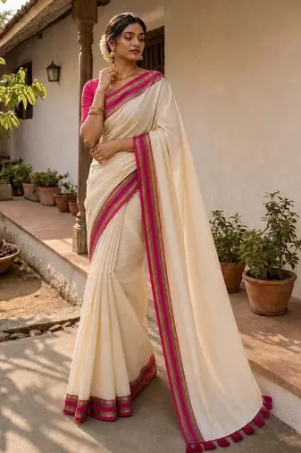 White & pink handloom mul cotton saree