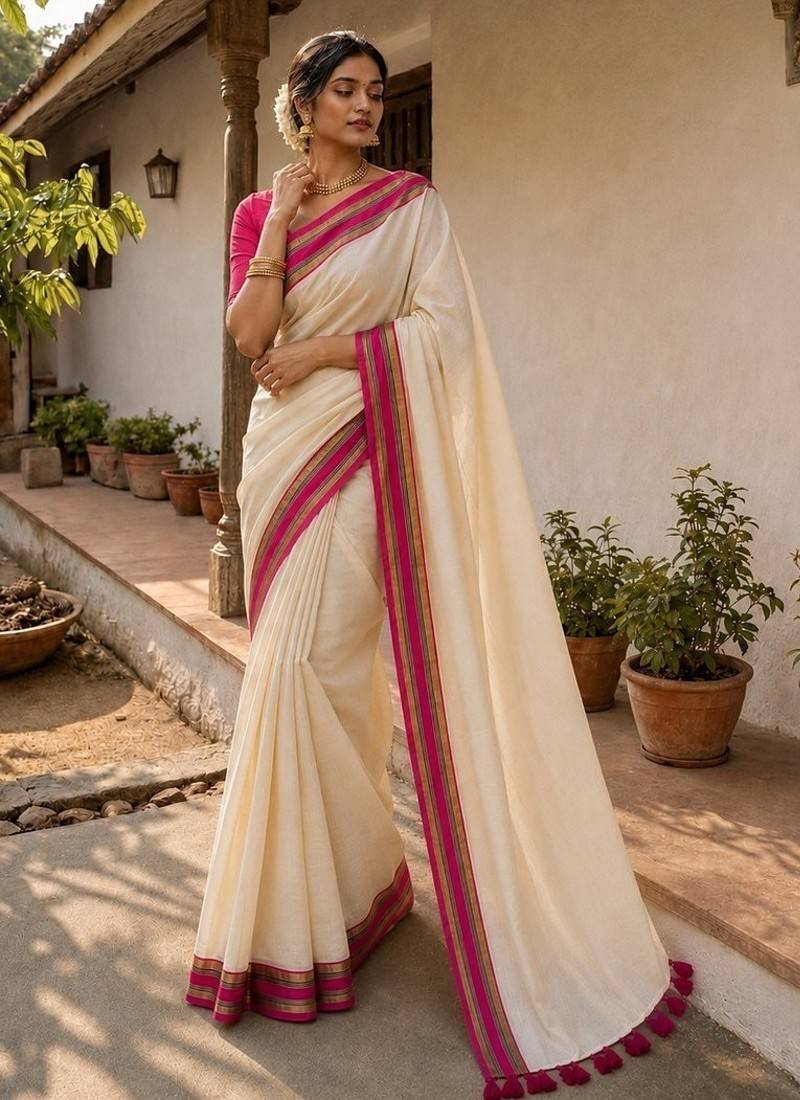 White & pink handloom mul cotton saree