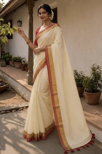 White & red handloom mul cotton saree