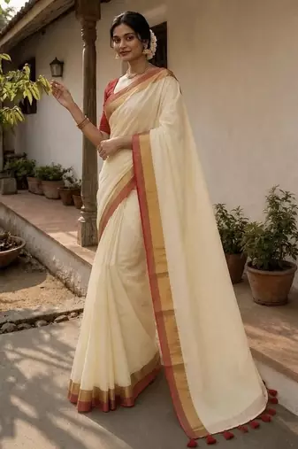 White & red handloom mul cotton saree