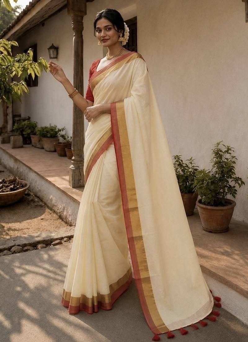White & red handloom mul cotton saree