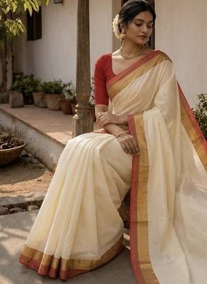 White & red handloom mul cotton saree 2