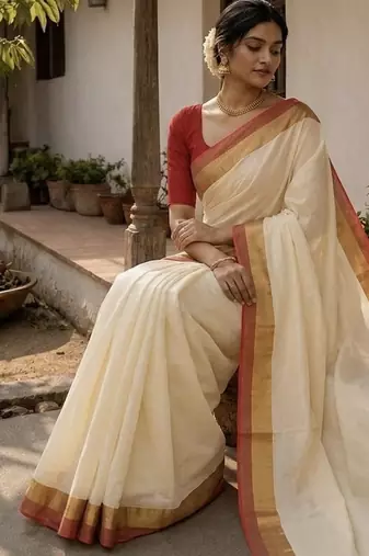 White & red handloom mul cotton saree