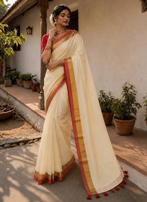 White & red handloom mul cotton saree 3