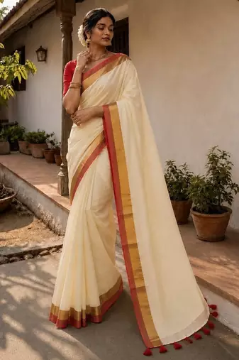 White & red handloom mul cotton saree