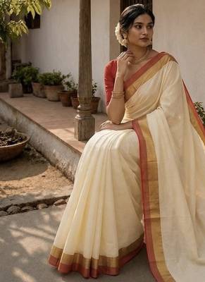 White & red handloom mul cotton saree 4