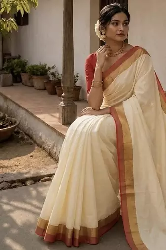 White & red handloom mul cotton saree