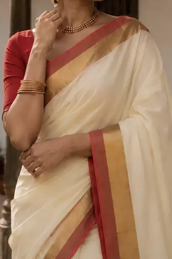 White & red handloom mul cotton saree