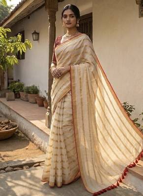 Gold & red handloom mul cotton saree 1