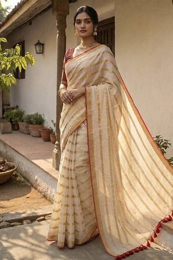 Gold & red handloom mul cotton saree