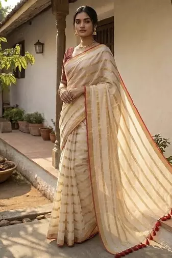 Gold & red handloom mul cotton saree