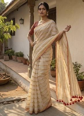 Gold & red handloom mul cotton saree 2