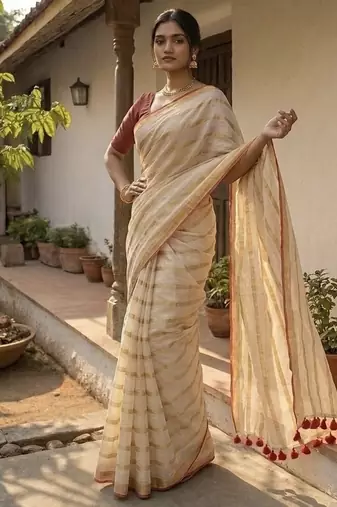 Gold & red handloom mul cotton saree