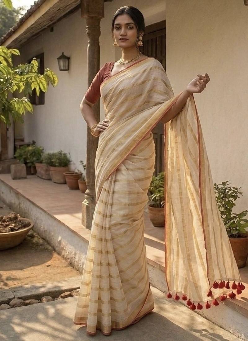 Gold & red handloom mul cotton saree