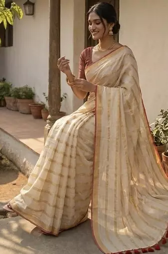 Gold & red handloom mul cotton saree