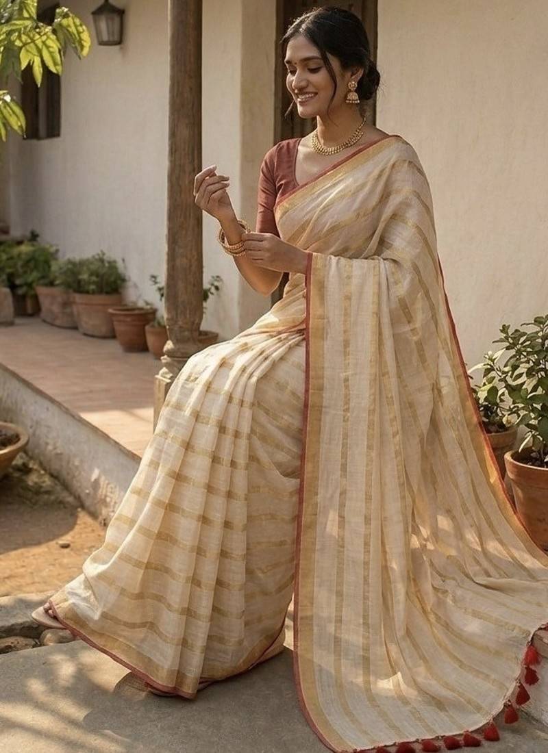 Gold & red handloom mul cotton saree