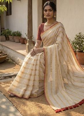 Gold & red handloom mul cotton saree 4