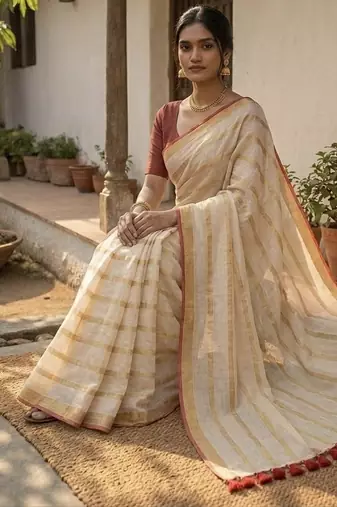 Gold & red handloom mul cotton saree