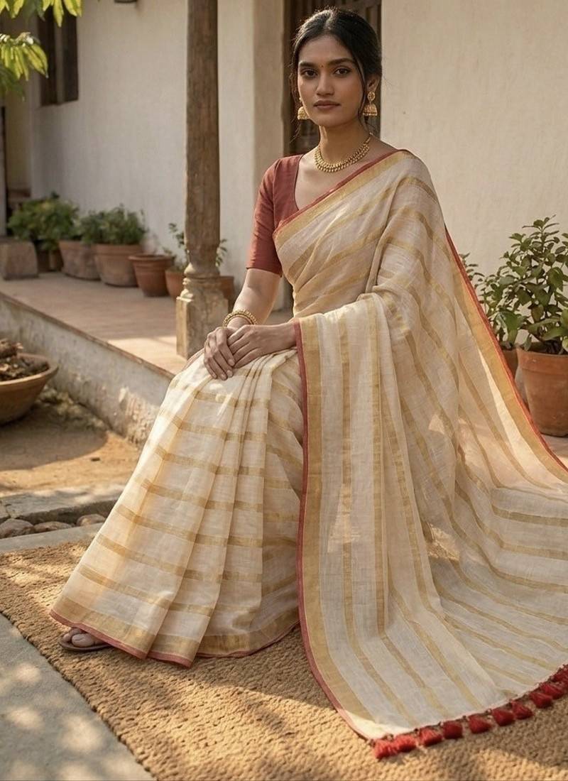 Gold & red handloom mul cotton saree