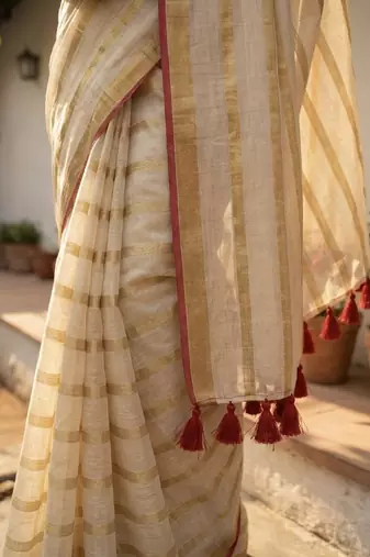 Gold & red handloom mul cotton saree